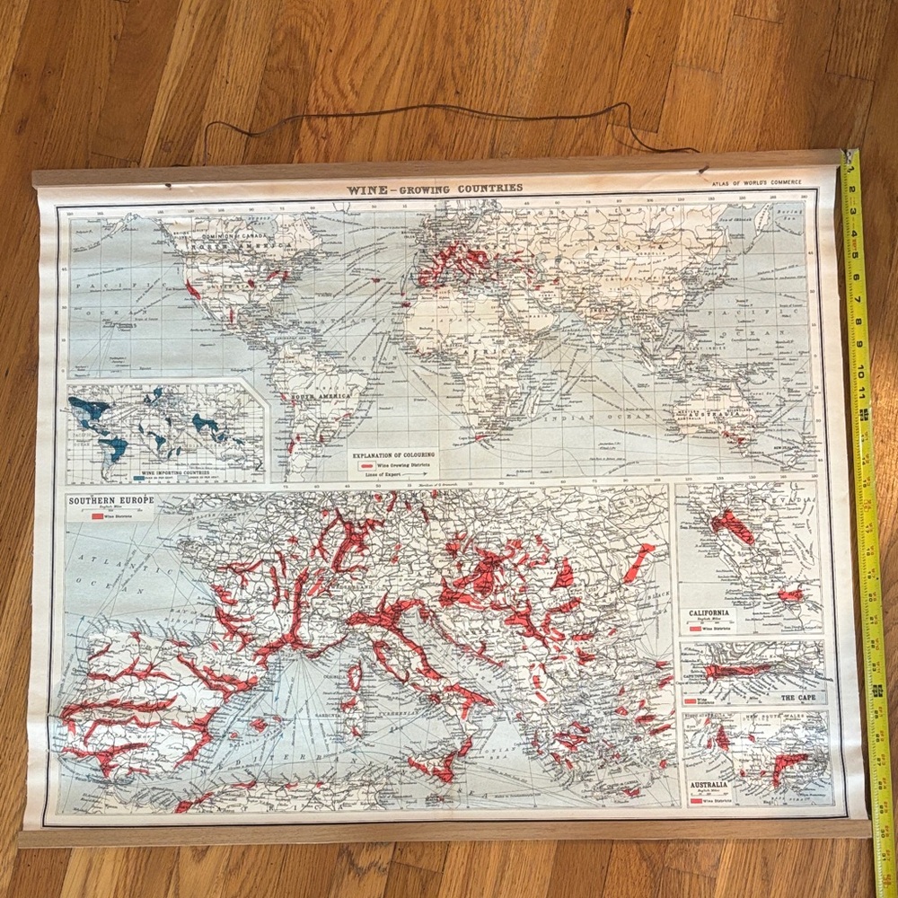 Vintage World Map Wall Chart with Red Highlighted Regions